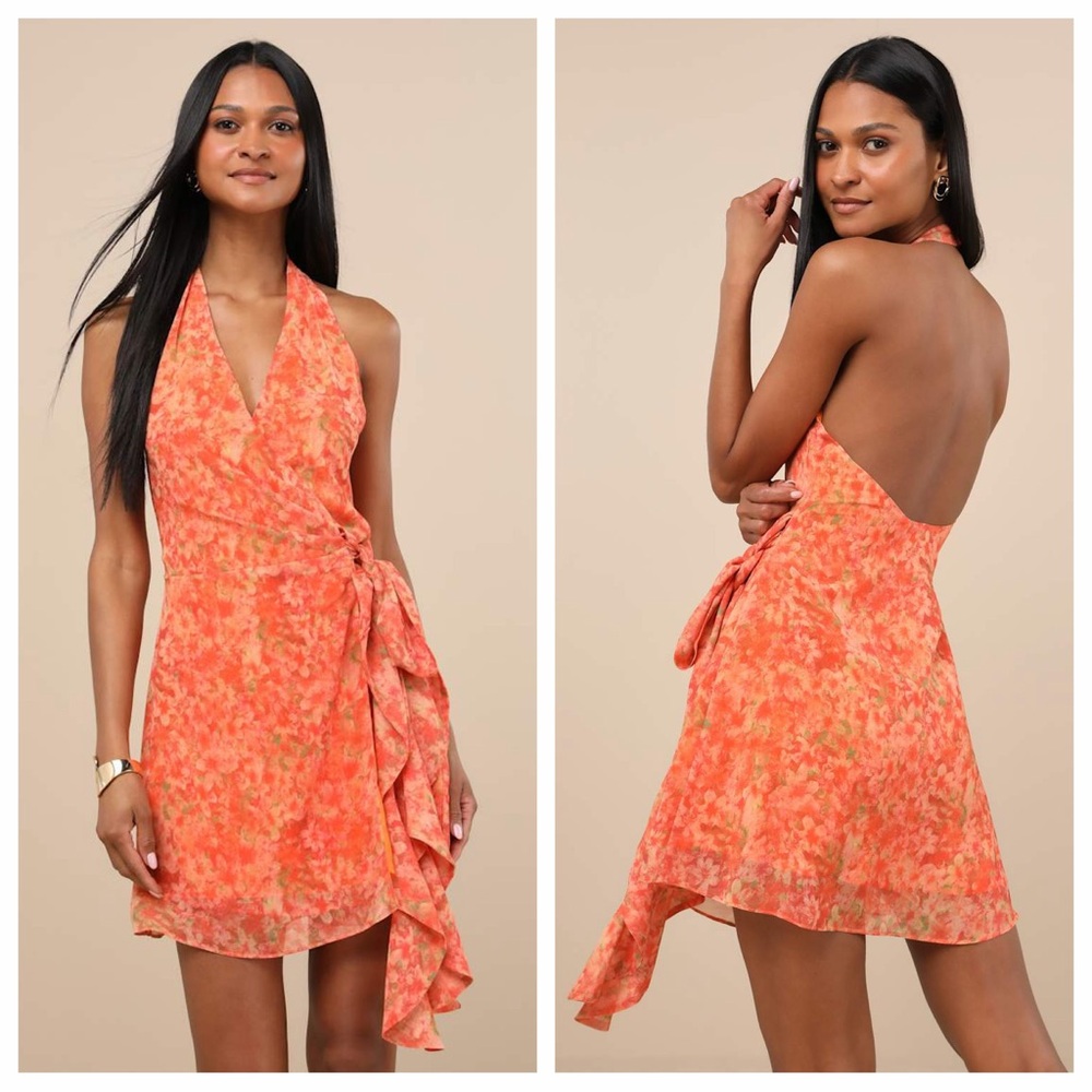 Lulu's Felicita Orange Floral Halter Wrap Mini Dress